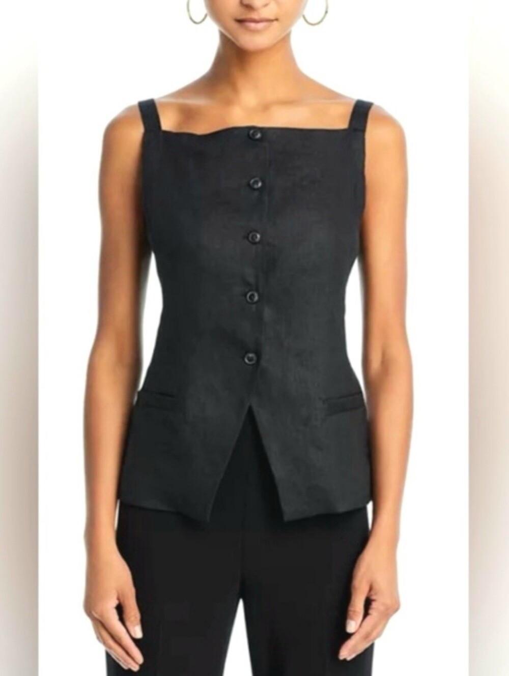 Quiet Luxury Dark Academia Linen Button Up Square Neck Sleeveless Blouse Top